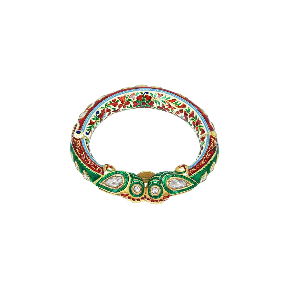 Polki Bangle with Red and Green Enamel Meenakari